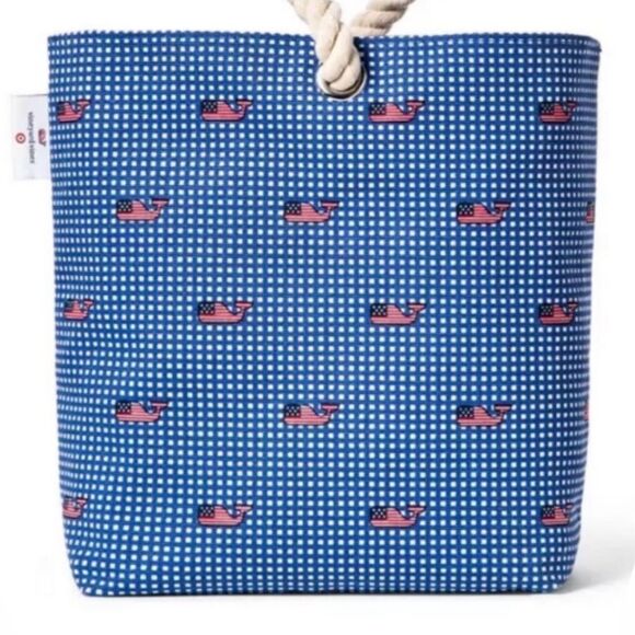Vineyard Vines Fourth of July Americana Blue gingham Whale Print wine Tote Bag - Picture 1 of 5